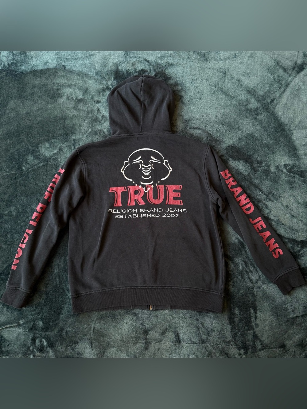 True Religion Retro Embroidered Zip Up Hoodie Black XL Buddha Graphic
